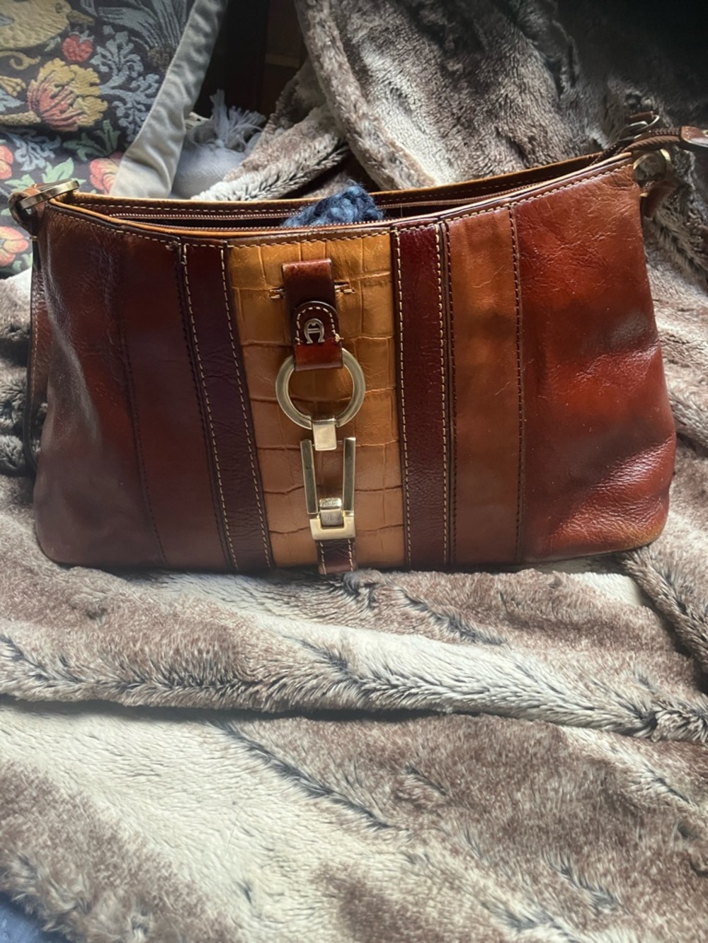 Etienne Aigner Leather Multi-Tone Brown Shoulder Bag with Gold Hardware